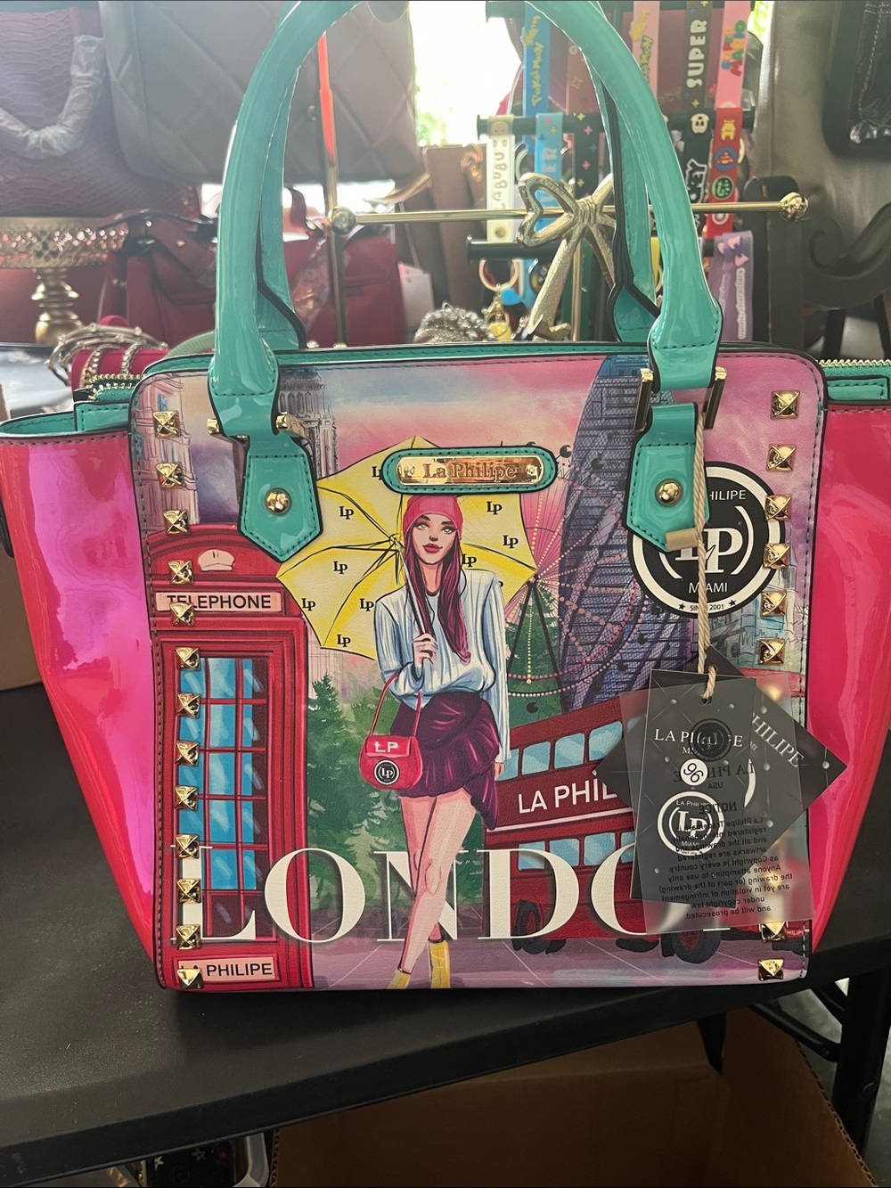 London Graphic Patent Tote in Pink & Teal